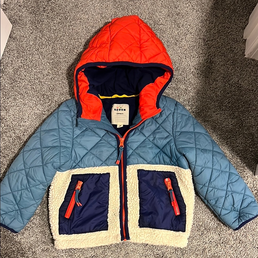Mini Boden Blue and Orange Puffer Jacket with Quilted Design